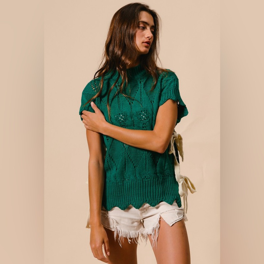 Green side tie ribbon cable scalloped boho bohemian mock neck knit sweat… - Picture 5 of 8